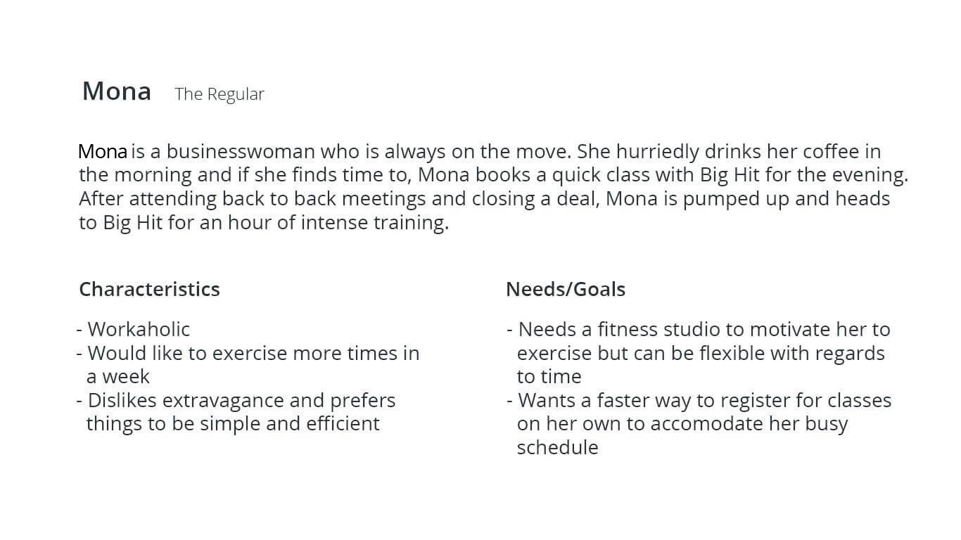 Mona's persona. She is the regular client who only uses the site to schedule classes.